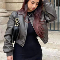 WW - Vintage PU-Leder Bomberjacke für Damen mit Stehkragen und Frontreißverschluss