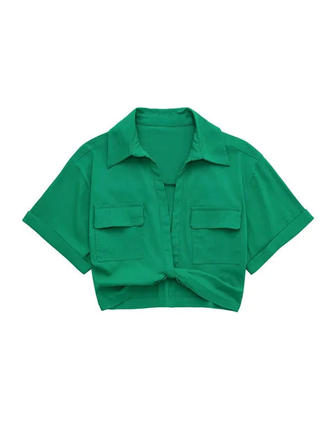 WW - Damen Vintage Kurzarm Leinen Crop Shirt