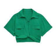 WW - Damen Vintage Kurzarm Leinen Crop Shirt