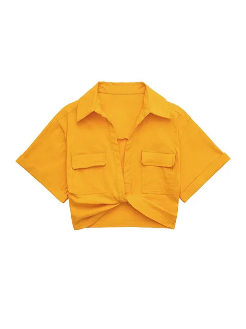 WW - Damen Vintage Kurzarm Leinen Crop Shirt