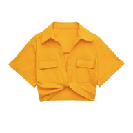 WW - Damen Vintage Kurzarm Leinen Crop Shirt
