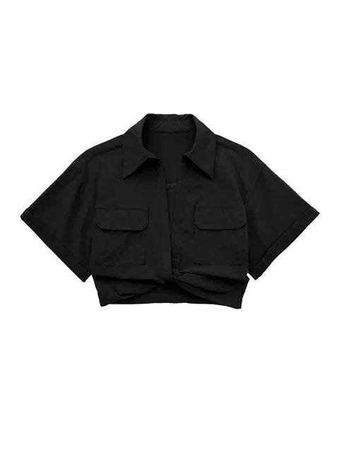 WW - Damen Vintage Kurzarm Leinen Crop Shirt