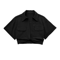 WW - Damen Vintage Kurzarm Leinen Crop Shirt