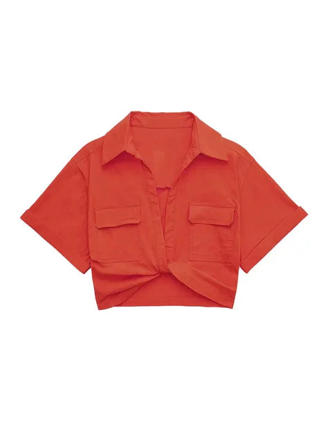 WW - Damen Vintage Kurzarm Leinen Crop Shirt