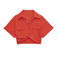 WW - Damen Vintage Kurzarm Leinen Crop Shirt