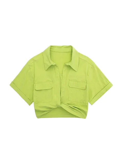WW - Damen Vintage Kurzarm Leinen Crop Shirt