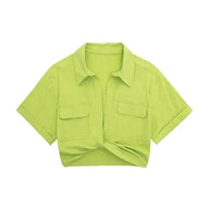 WW - Damen Vintage Kurzarm Leinen Crop Shirt