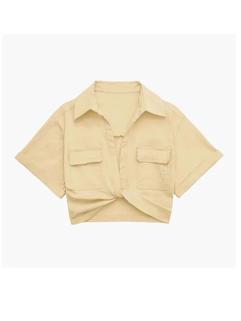 WW - Damen Vintage Kurzarm Leinen Crop Shirt