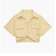 WW - Damen Vintage Kurzarm Leinen Crop Shirt