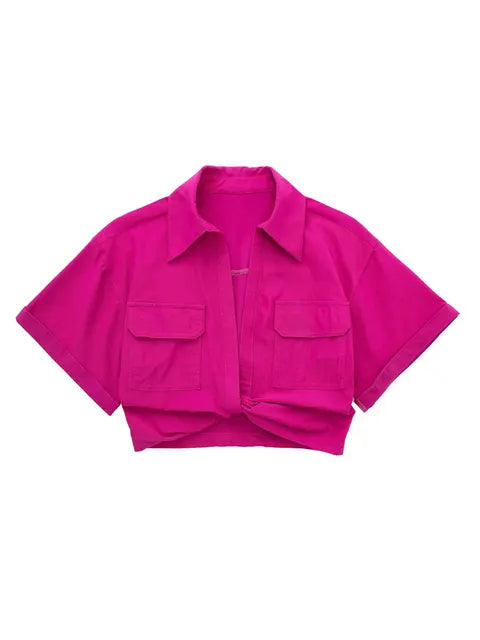 WW - Damen Vintage Kurzarm Leinen Crop Shirt