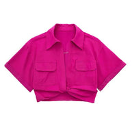 WW - Damen Vintage Kurzarm Leinen Crop Shirt