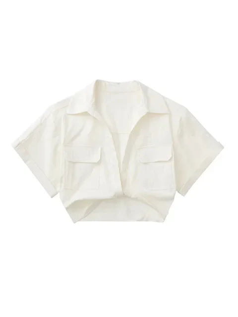 W&W Mode - Damen Vintage Kurzarm Leinen Crop Shirt