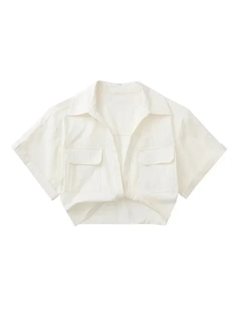 WW - Damen Vintage Kurzarm Leinen Crop Shirt