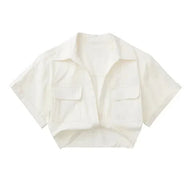 WW - Damen Vintage Kurzarm Leinen Crop Shirt