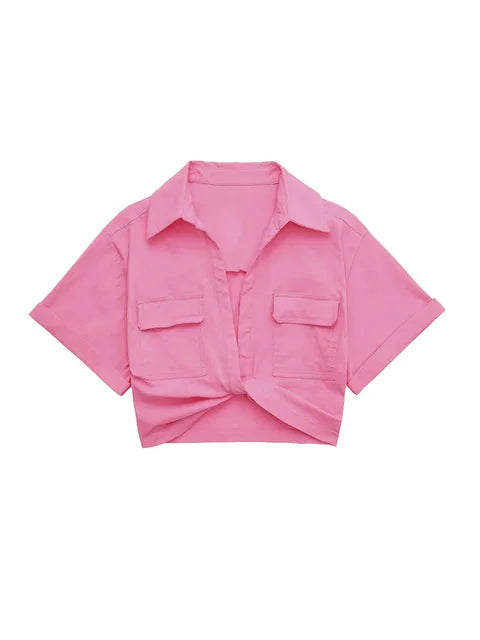 WW - Damen Vintage Kurzarm Leinen Crop Shirt
