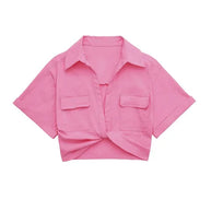 WW - Damen Vintage Kurzarm Leinen Crop Shirt