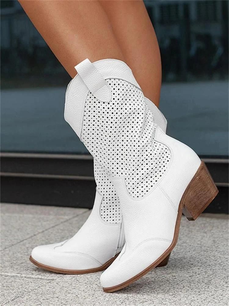 W&W Mode | Cowboy-Stiefel - stilvolle Damenstiefel mit Perforationen und Blockabsatz