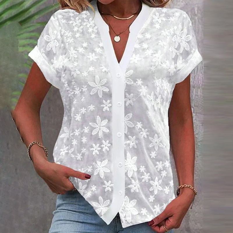 WW | Kurzärmlige Blumenbluse mit V-Ausschnitt