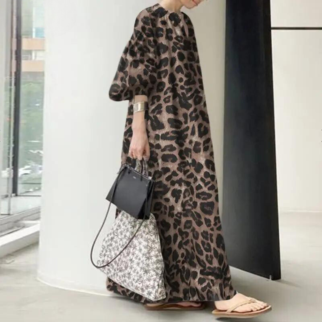 WW Leopardenkleid | Stilvolles, sommerliches, bedrucktes, oversized Maxikleid mit langen Ärmeln