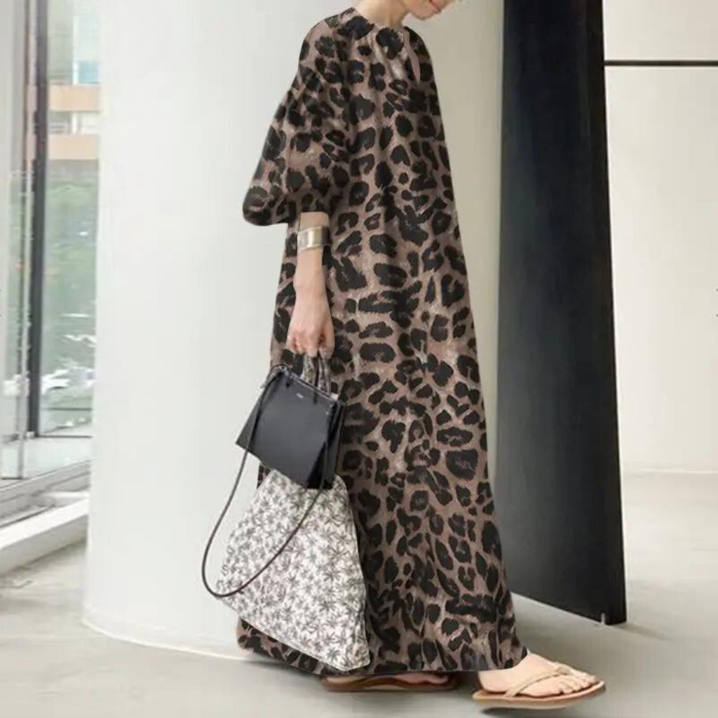 WW Leopardenkleid | Stilvolles, sommerliches, bedrucktes, oversized Maxikleid mit langen Ärmeln