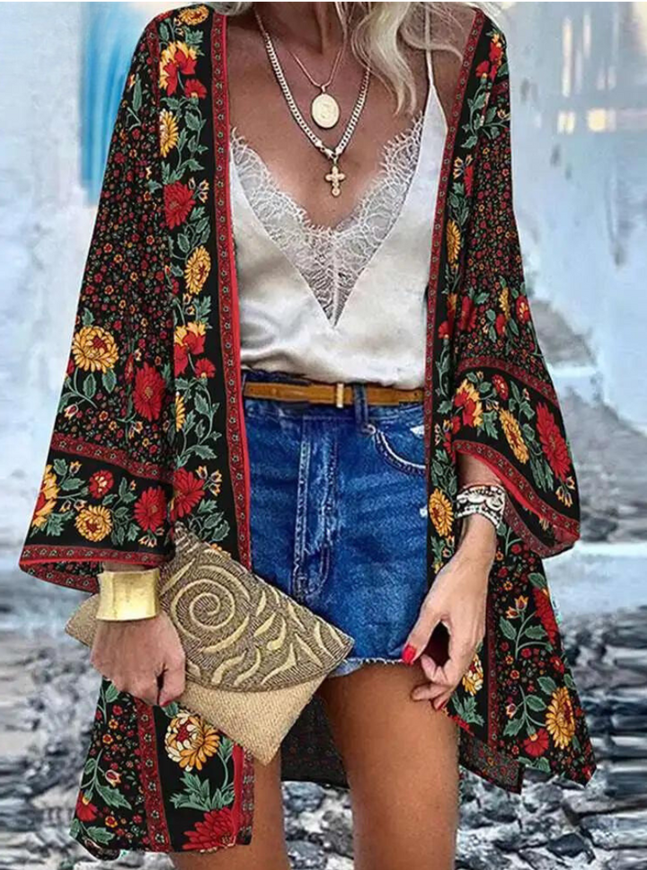 W&W Mode | Sommerlicher Damen Strickjacke Im Boho Stil Mit Buntem Blumenmuster