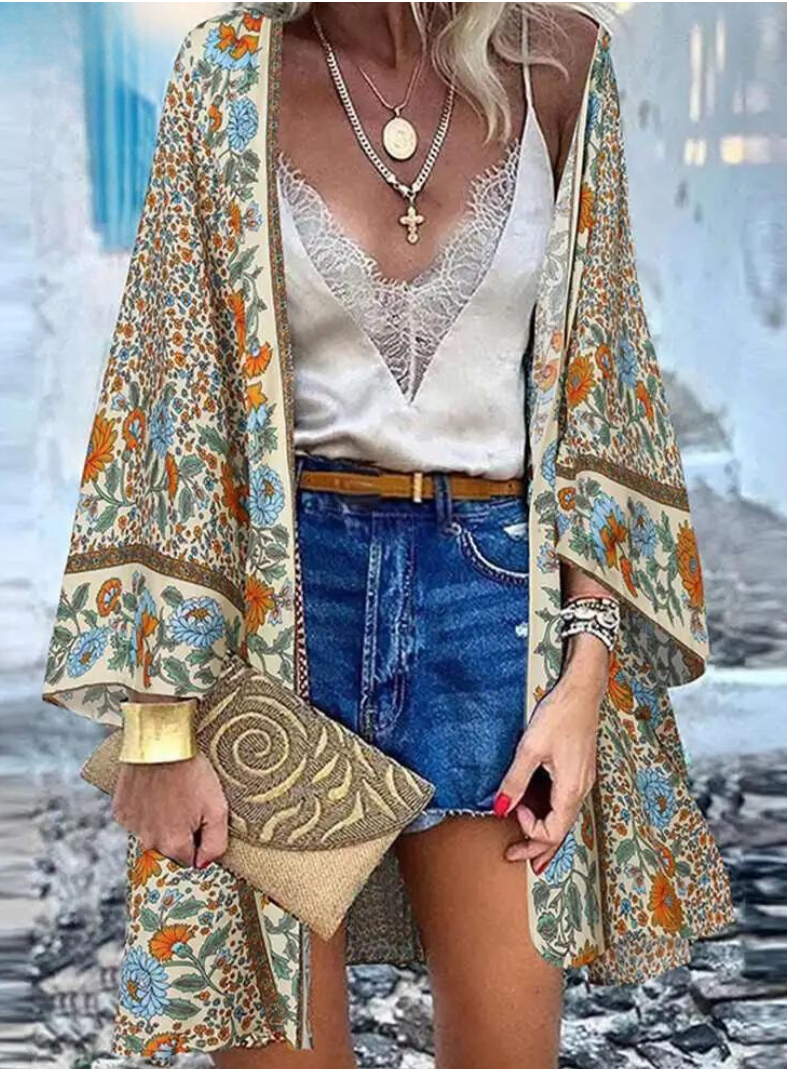 W&W Mode | Sommerlicher Damen Strickjacke Im Boho Stil Mit Buntem Blumenmuster