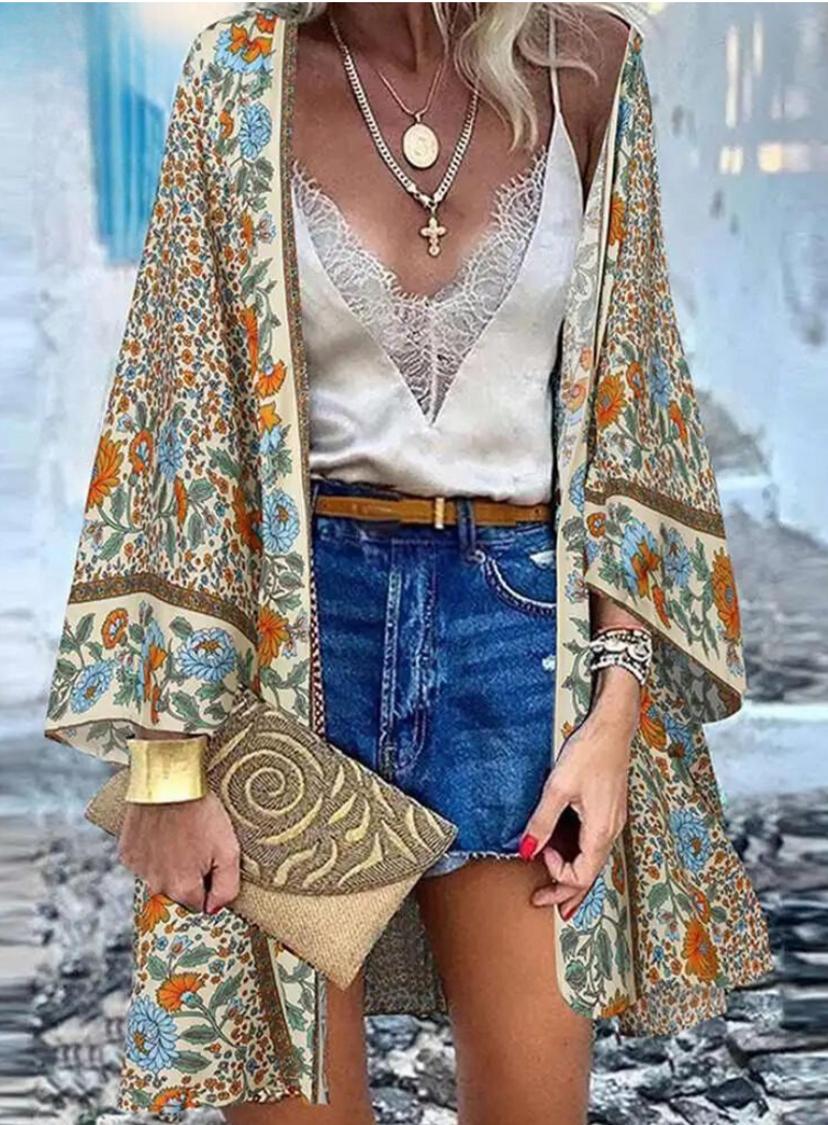WW | Sommerlicher Damen Strickjacke Im Boho Stil Mit Buntem Blumenmuster