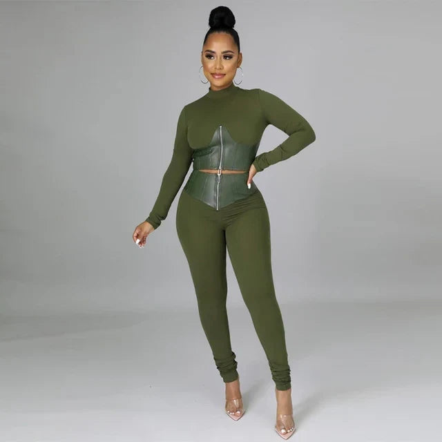 W&W Mode | Zweiteiliges Set mit Kurzem Kunstleder-Korsett und High-Waist-Hose