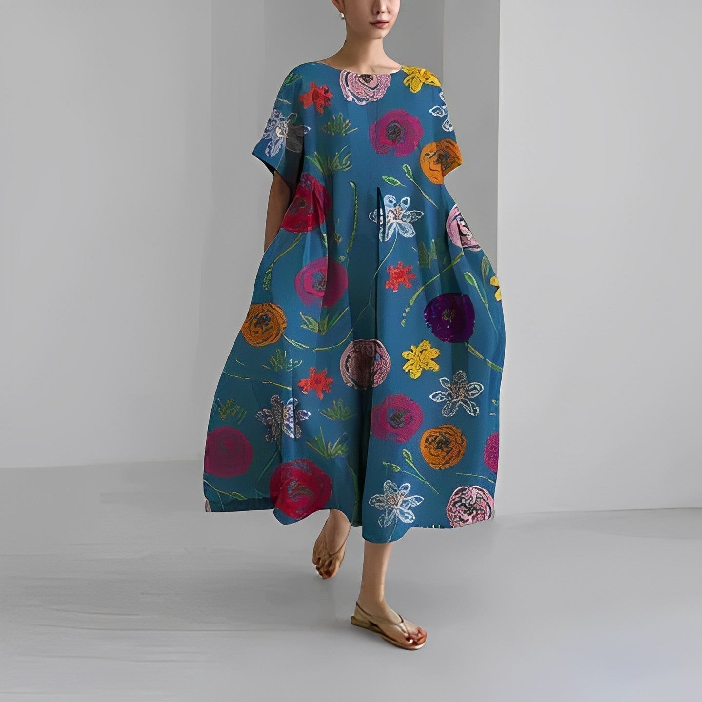 WW | Übergroßes Kleid Lockere Passform Kurze Ärmel Sommerkleid Lange Kleider