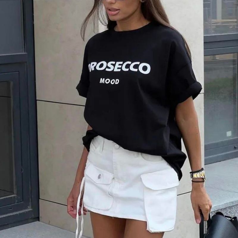 WW | Übergroßes T Shirt Rundhalsausschnitt Lockere Passform T Shirts für Damen Damenbekleidung