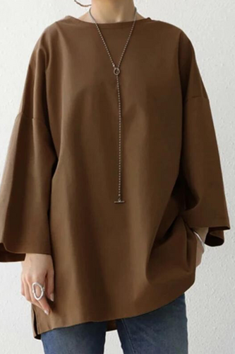 WW | Übergroßes T Shirt lockere Passform Rundhalsausschnitt Langarm T Shirt Damenbekleidung