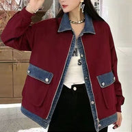 WW | Weinrot Peter Pan Kragen Reißverschluss Denim Patchwork Taschen Mäntel