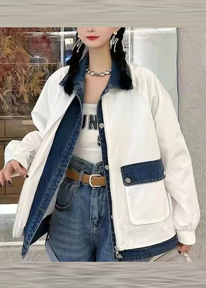 WW | Weinrot Peter Pan Kragen Reißverschluss Denim Patchwork Taschen Mäntel