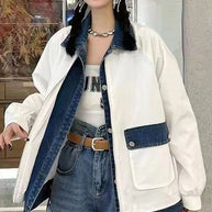 WW | Weinrot Peter Pan Kragen Reißverschluss Denim Patchwork Taschen Mäntel