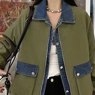 WW | Weinrot Peter Pan Kragen Reißverschluss Denim Patchwork Taschen Mäntel