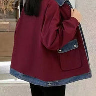 WW | Weinrot Peter Pan Kragen Reißverschluss Denim Patchwork Taschen Mäntel