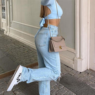 WOLFF Damen Jeanshose Mit Lockerer Passform Zerrissen Weites Bein Hohe Taille Lassige Baggy Jean