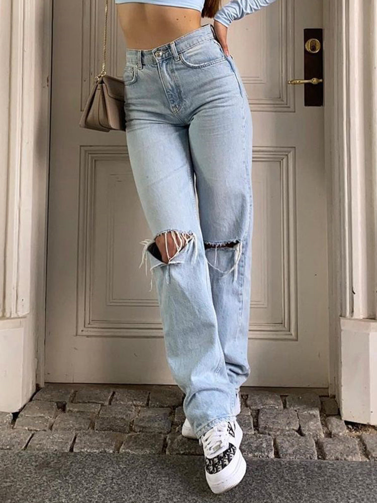 WOLFF Damen Jeanshose Mit Lockerer Passform Zerrissen Weites Bein Hohe Taille Lassige Baggy Jean