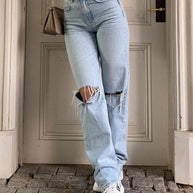 WOLFF Damen Jeanshose Mit Lockerer Passform Zerrissen Weites Bein Hohe Taille Lassige Baggy Jean