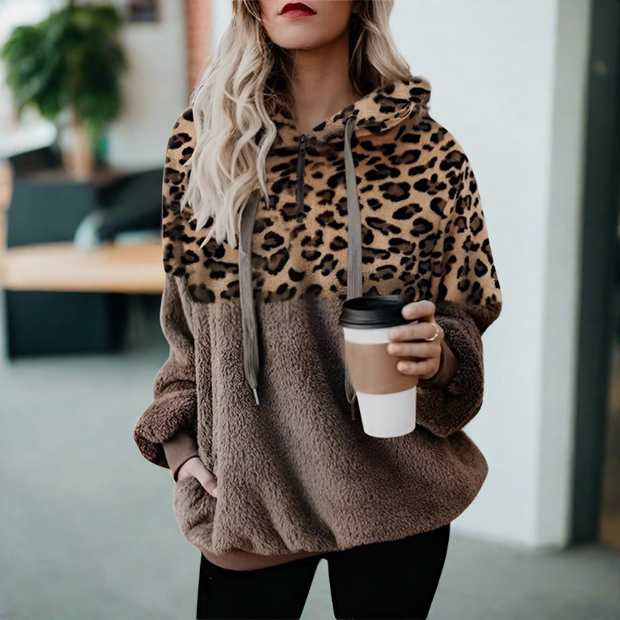 WW – Lässiger, einfarbiger Plüsch-Hoodie mit Tasche und Leopardenmuster