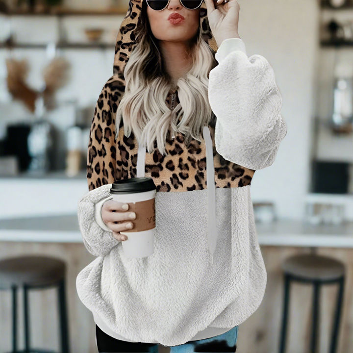 W&W Mode – Lässiger, einfarbiger Plüsch-Hoodie mit Tasche und Leopardenmuster