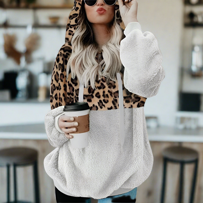 WW – Lässiger, einfarbiger Plüsch-Hoodie mit Tasche und Leopardenmuster