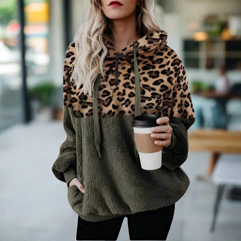 WW – Lässiger, einfarbiger Plüsch-Hoodie mit Tasche und Leopardenmuster