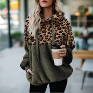 WW – Lässiger, einfarbiger Plüsch-Hoodie mit Tasche und Leopardenmuster