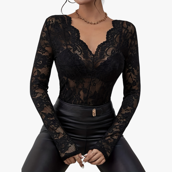 W&W Mode | Elegantes V-Ausschnitt Top Mit Langen Ärmeln Und Spitze Für Damen