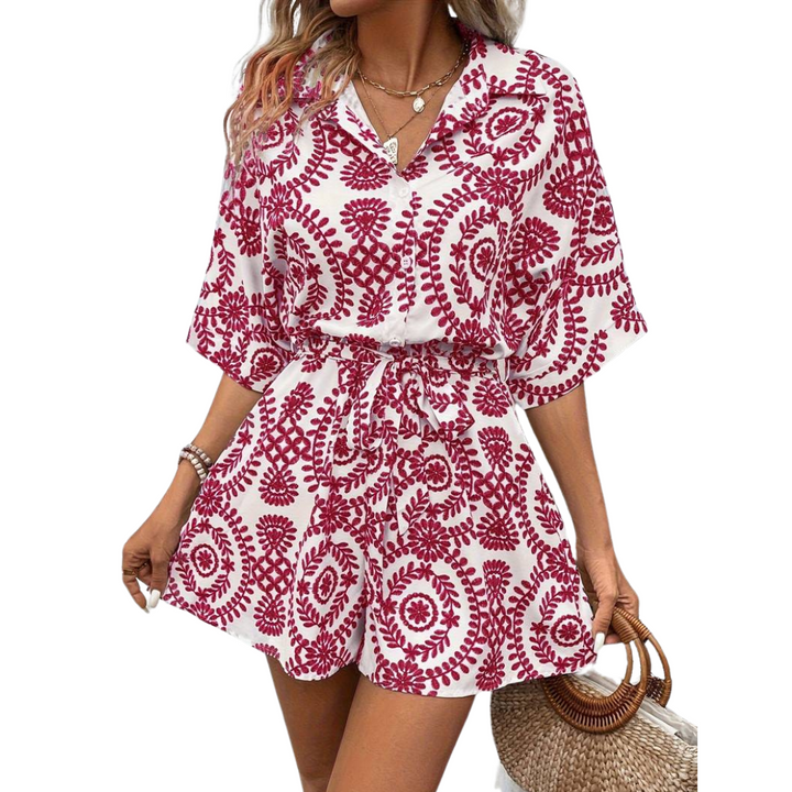 W&W Mode Jumpsuit -  Weinlese - Kurze Ärmel mit Gürtel