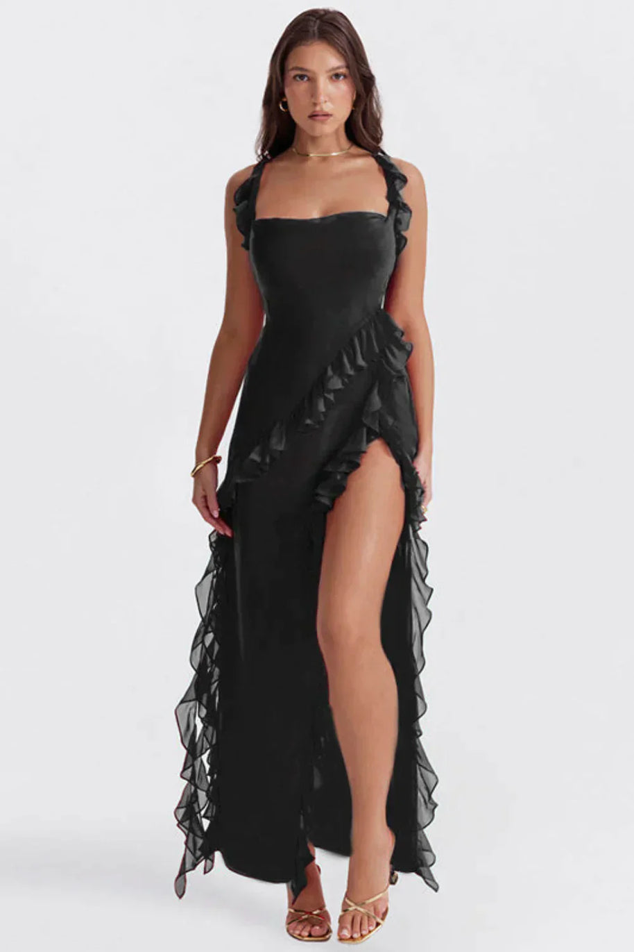 WW Elegant Kleid | Stilvolles Kleid mit Ausschnitt, Rüschen und rückenfreiem Design