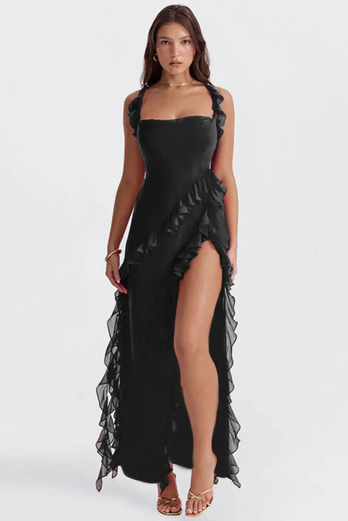 WW Elegant Kleid | Stilvolles Kleid mit Ausschnitt, Rüschen und rückenfreiem Design