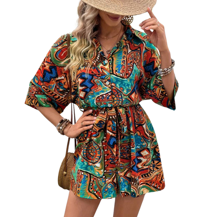 W&W Mode Jumpsuit -  Weinlese - Kurze Ärmel mit Gürtel