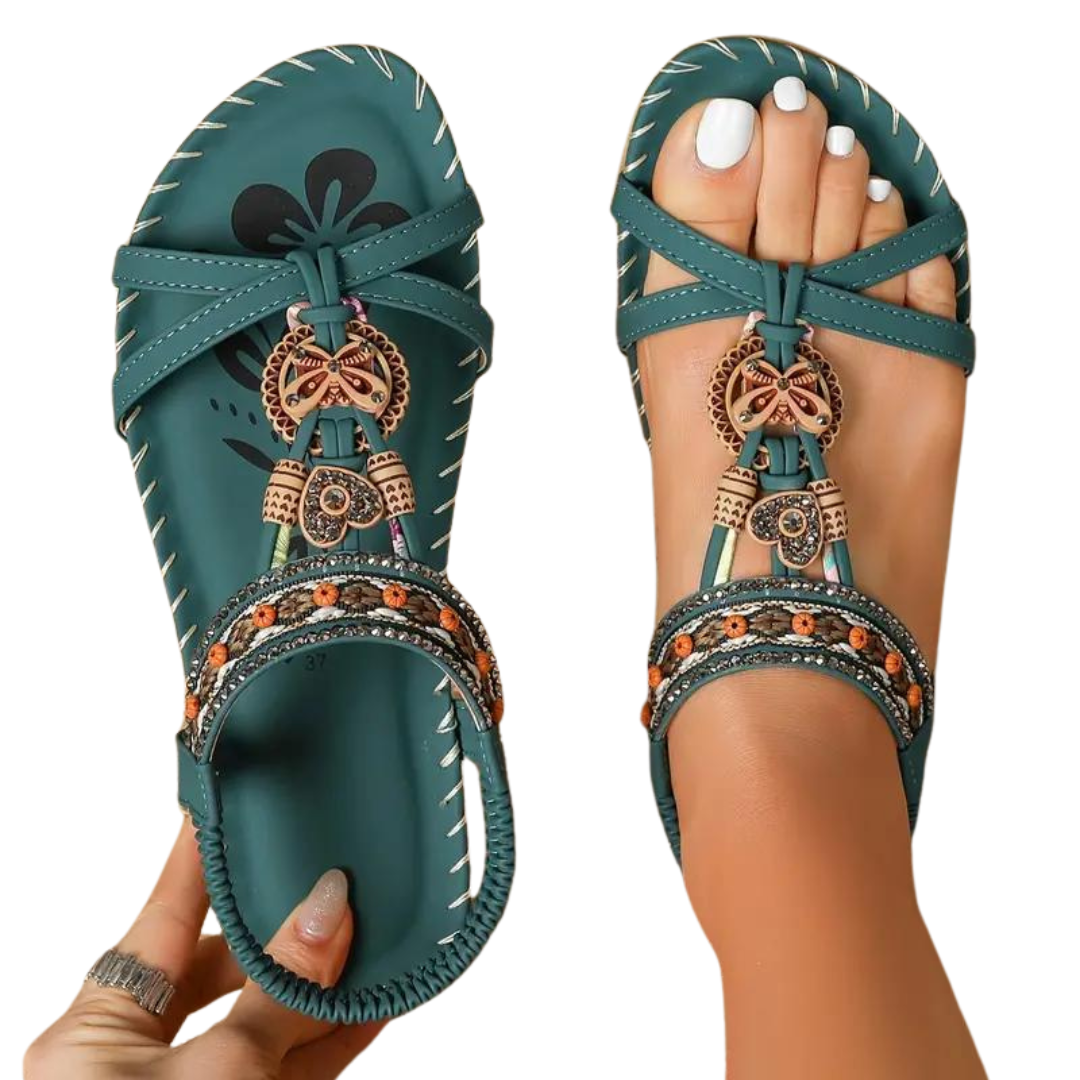 W&W Mode Flache Sandalen - Boho - Strass Schmetterling